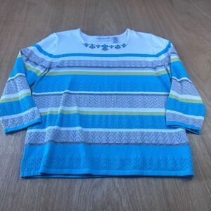 Alfred Dunner Women’s Striped Knit Sweater Top Blue Green Embellished Size S